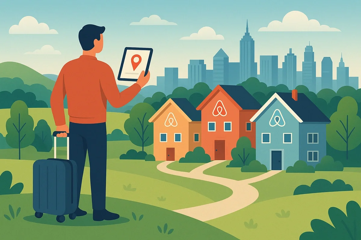 Person standing with a suitcase and tablet overlooking a neighborhood of three modern short-term rental homes, with a city skyline in the background, representing building and scaling an Airbnb investment portfolio.