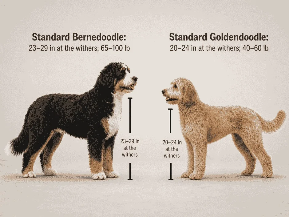 Size comparison chart showing standard Bernedoodle at 23 to 29 inches and 65 to 100 pounds versus standard Goldendoodle at 20 to 24 inches and 40 to 60 pounds