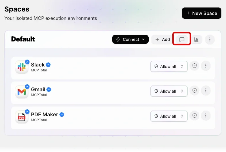 A space containing Slack, Gmail, and PDF Maker apps highlights the chat button.