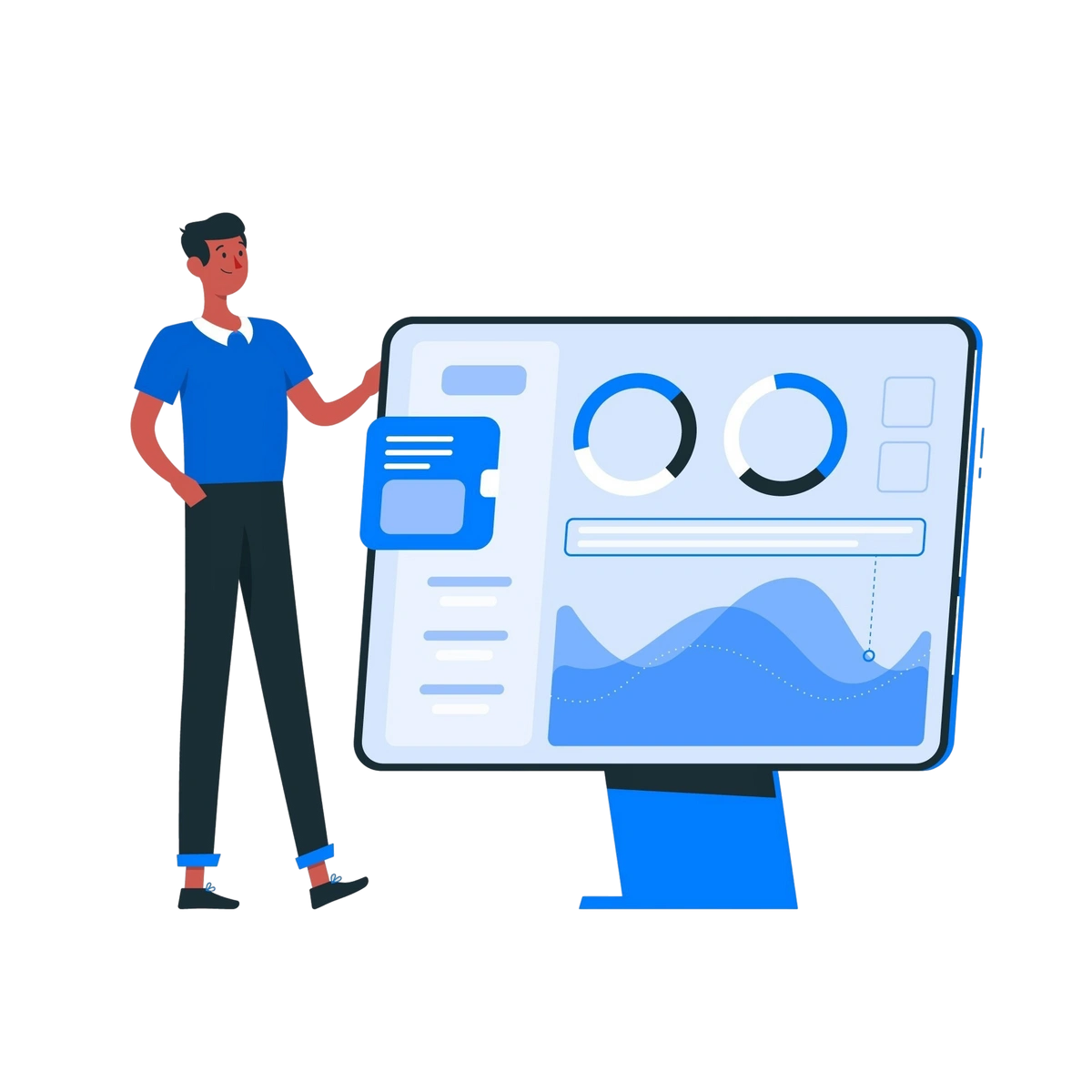Illustration of a person analyzing data on a large screen with charts and graphs.