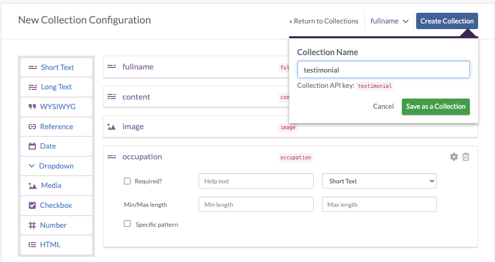 Testimonial collection configuration