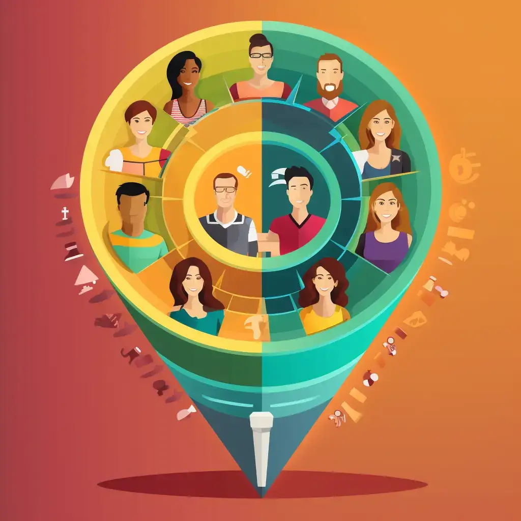 A dynamic marketing funnel with segmented customer personas entering and personalized messages emerging.