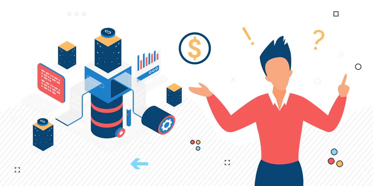 The image displays an isometric illustration of a person gesturing towards an abstract representation of data management and analytics. Various elements such as databases, charts, and currency symbols suggest a theme of financial data processing or business analytics. The person appears to be presenting or explaining the concept.