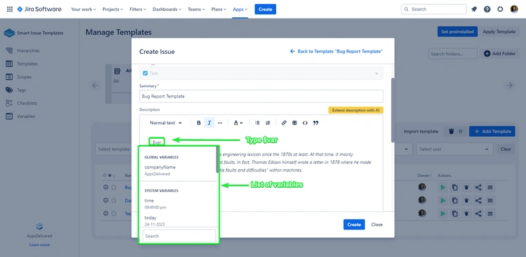 The image displays a user interface for creating a bug report in Jira Software, with fields for entering summary and description details, and a sidebar listing templates and variables for issue reporting.