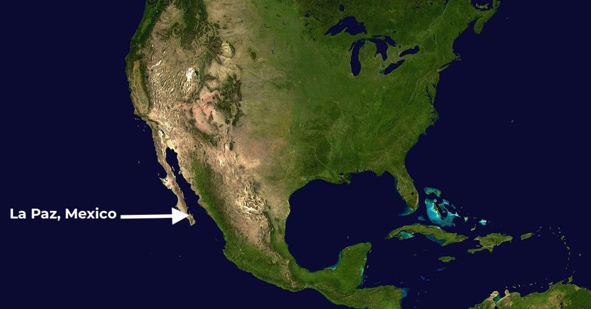 A map of North America with an arrow and text identifying the location of La Paz, Mexico