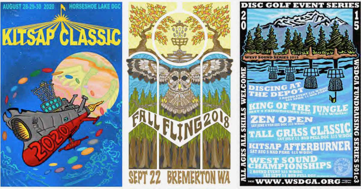 Animated posters announcing disc golf tournaments from various years