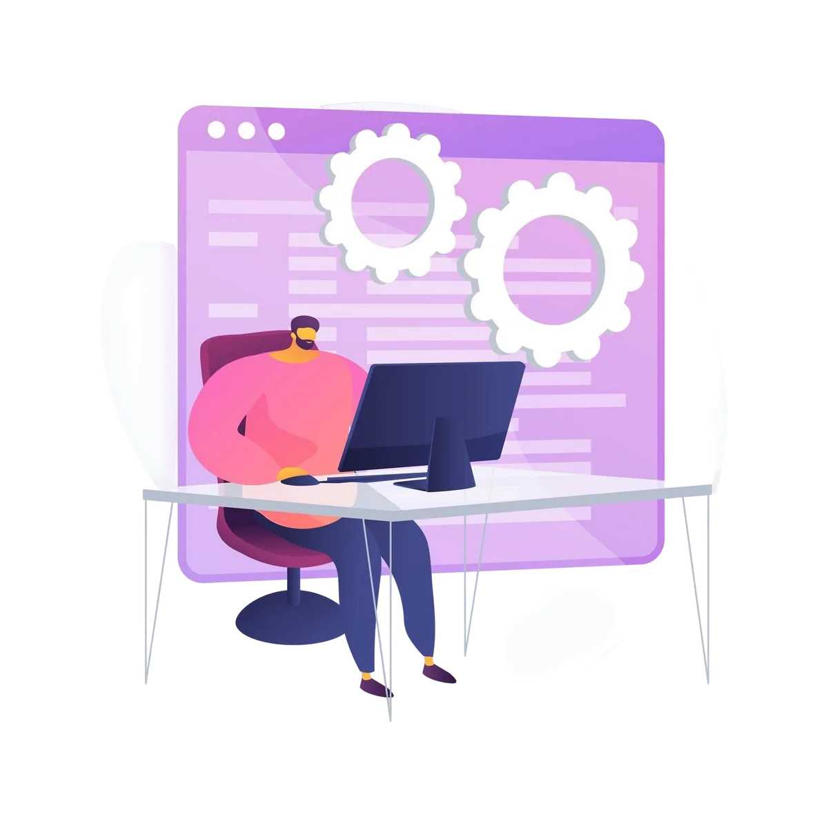 Person using computer with software gears on screen.