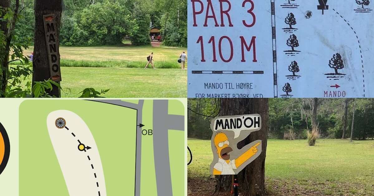 Four images, two illustrations of disc golf mandos from tee signs, two form mando signs on courses