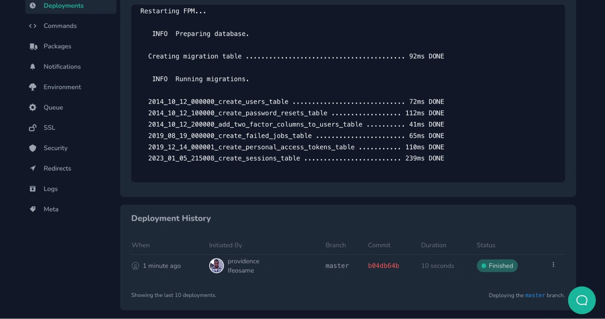 Live deployment status at the bottom of page says finished