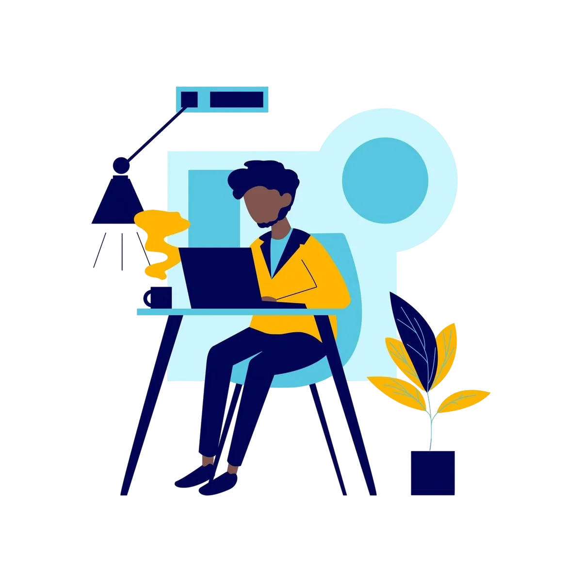 Illustration of a developer working on a laptop at a desk with a lamp and plant nearby.
