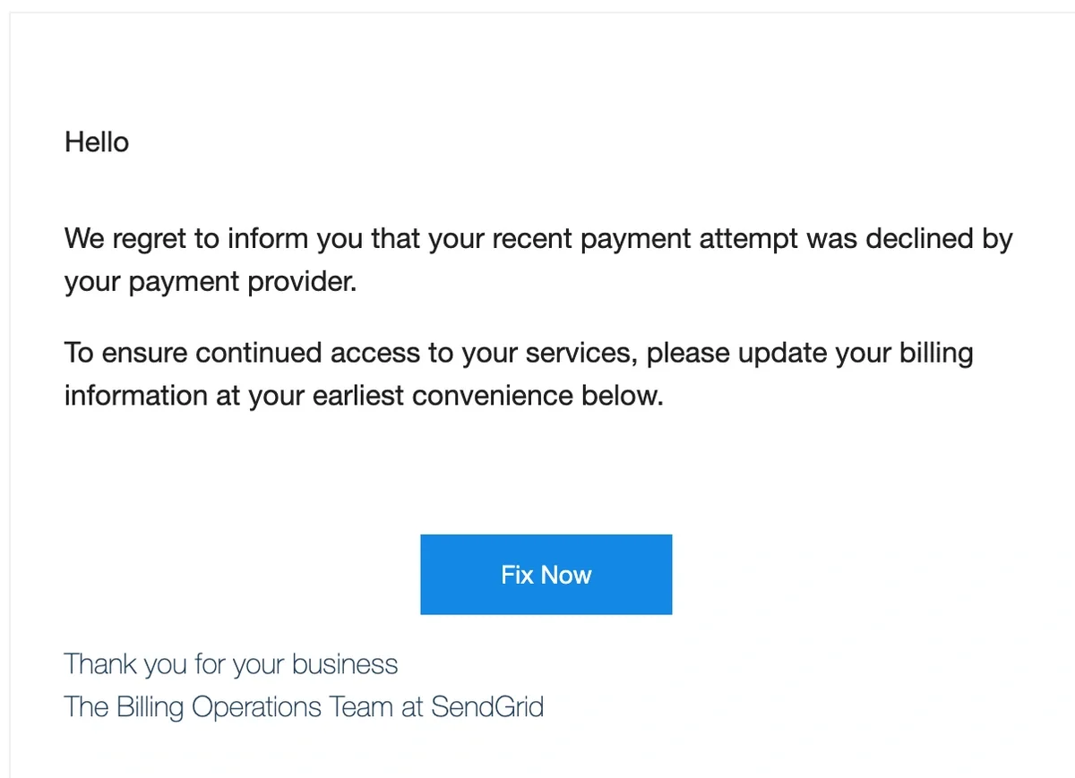 fake phishing email from Sendgrid claiming that recent payment attempt was declined