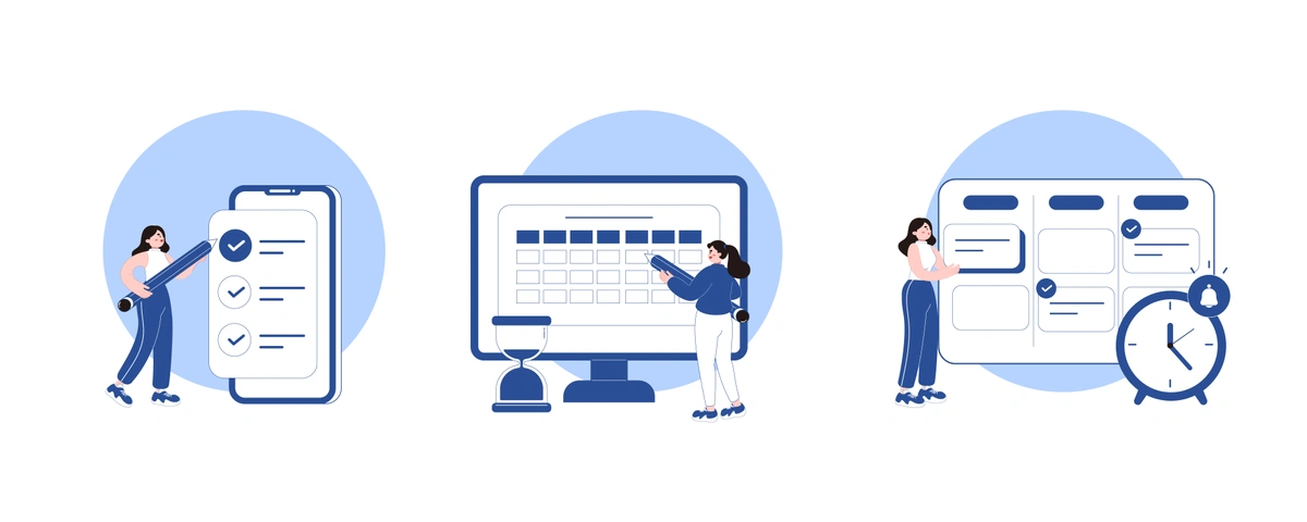 Three graphics showing a person with a checklist on a smartphone, another interacting with a calendar on a computer, and a third beside a task board with a clock, illustrating task management and scheduling.