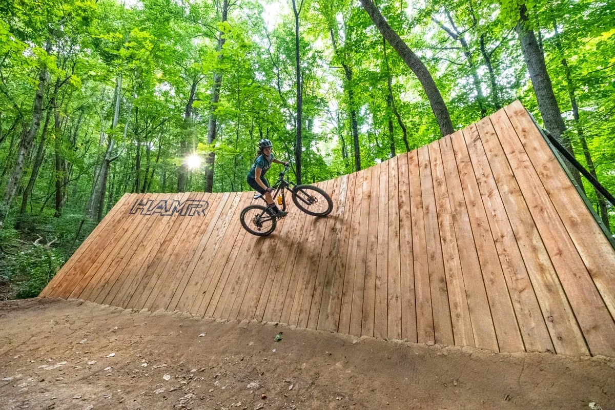 Riding a bike in a park