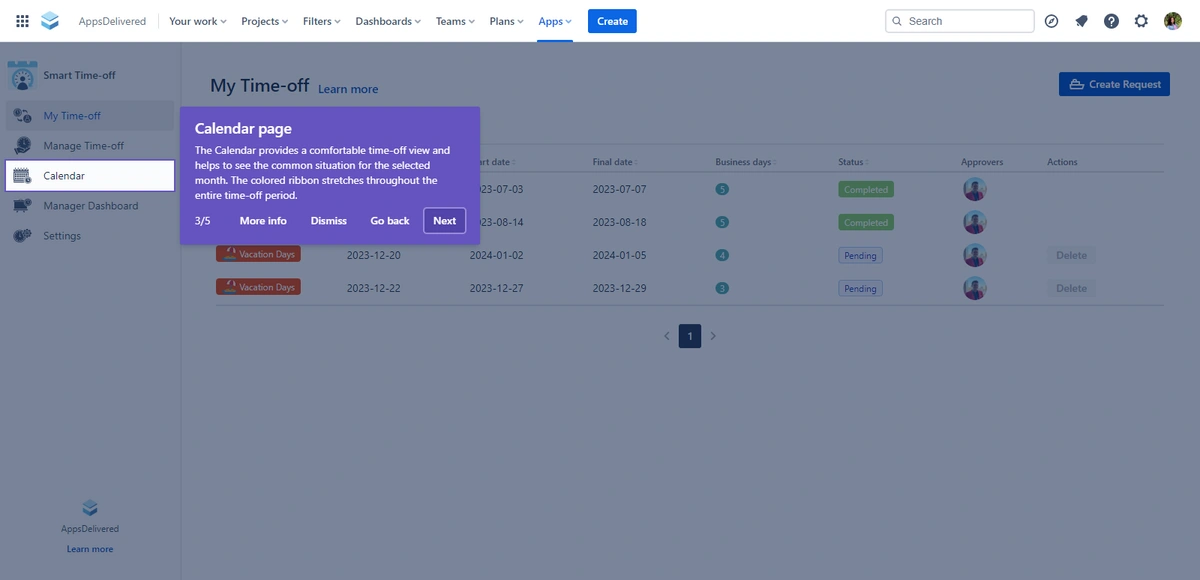 A calendar page from a time-off management application showing scheduled leaves with a description and navigation options.