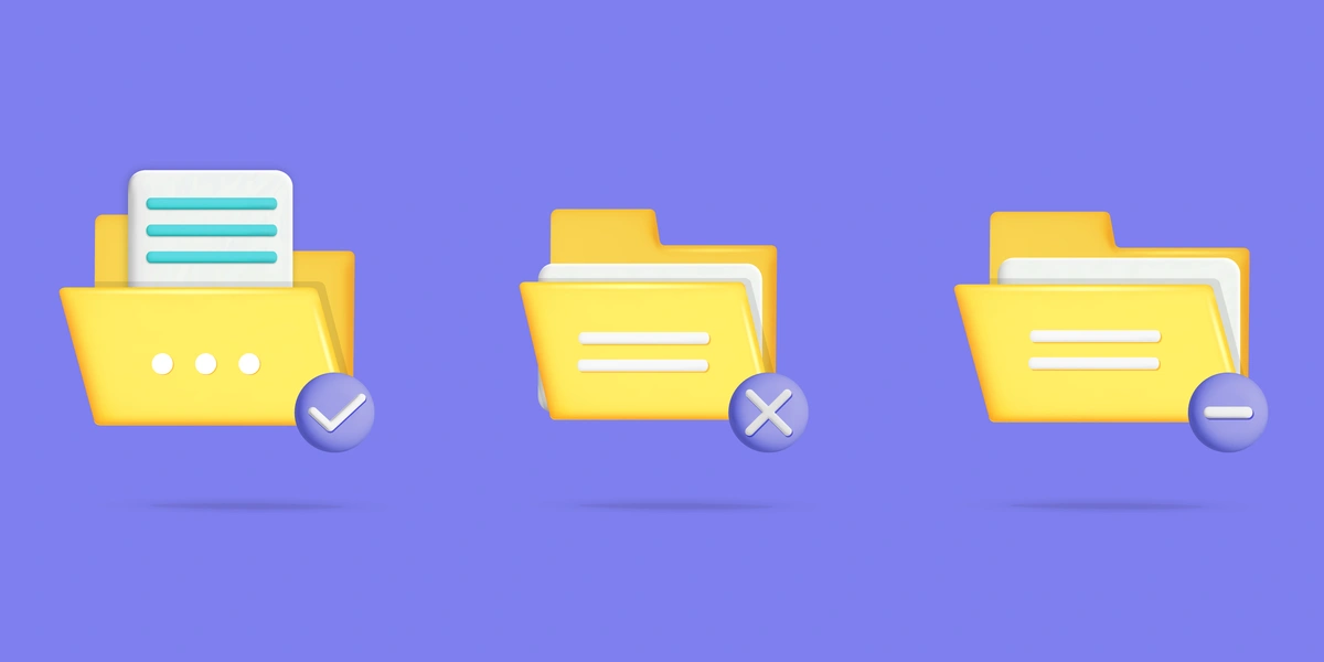 Three stylized yellow folder icons, each with a different symbol: a check mark, a cross, and a minus sign, against a blue background.