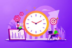 illustration with people clock and graphics