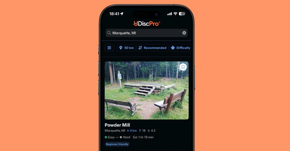 A smart phone screen showing Powder Mill's entry in the UDisc Courses app