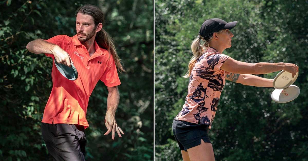 Professional disc golfers James Conrad and Catrina Allen using putters during rounds of disc golf