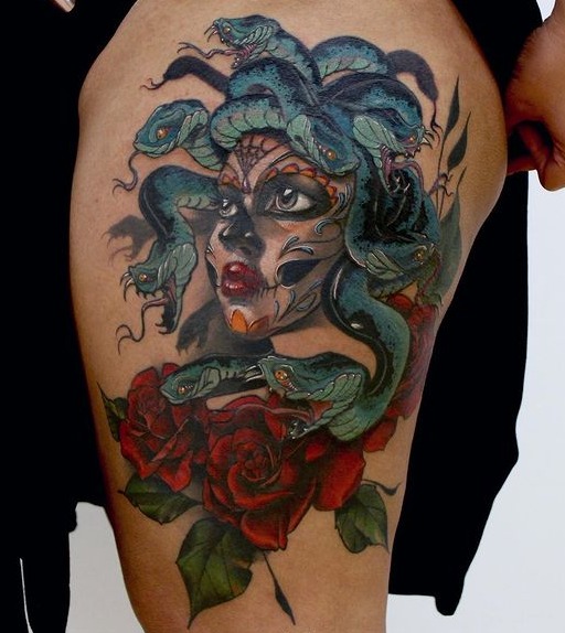 Meduse with blue snakes and roses in mexican style