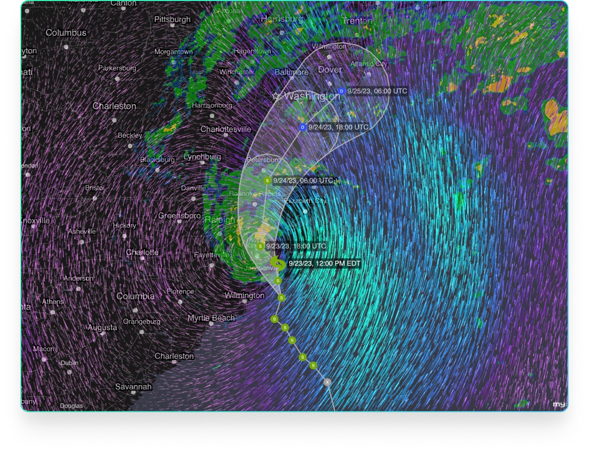 Screenshot showing weather conditions over the east coast of the United States of America