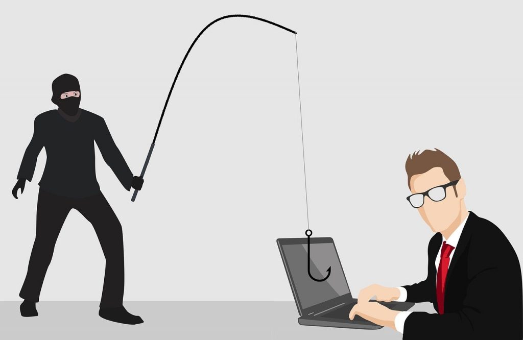 illustration of man in black body suit fishing with hook over laptop of business professional