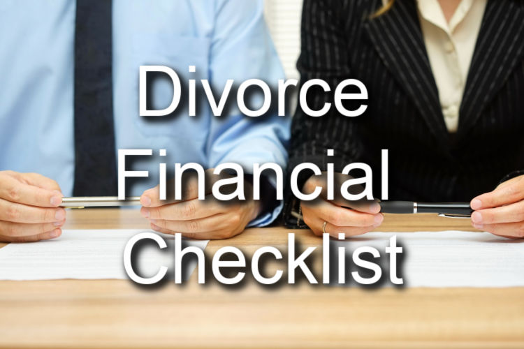 couple sitting at table filling out paperwork with text divorce financial checklist