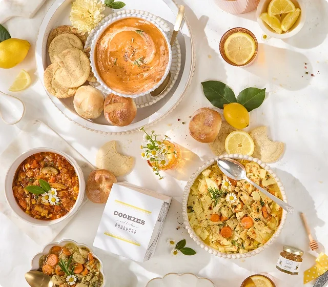 Overhead table spread featuring bowls of creamy tomato soup, vegetable soup, and pasta with herbs, surrounded by cookies, bread rolls, fresh lemons, and small jars of honey, styled with yellow flowers on a light, neutral backdrop.