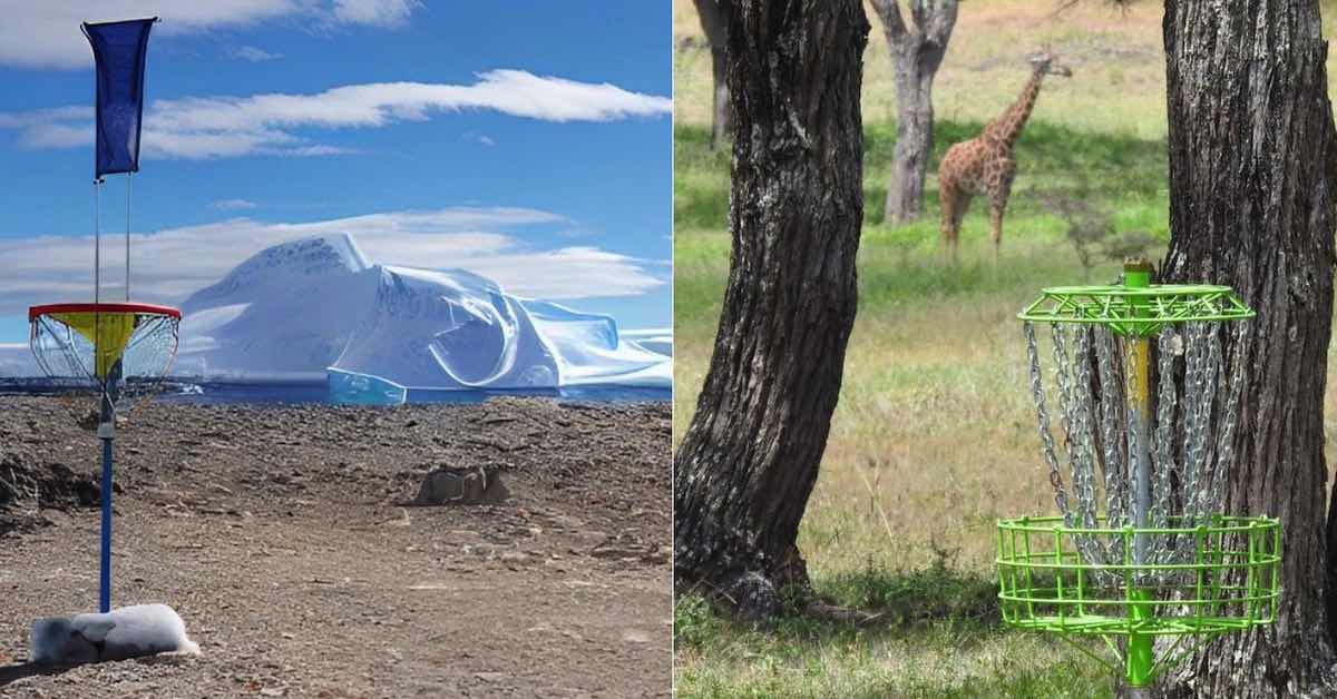 Left: A makeshift disc golf basket on land in front of an iceberg. Right: A green disc golf basket in a savannah with giraffe in the background