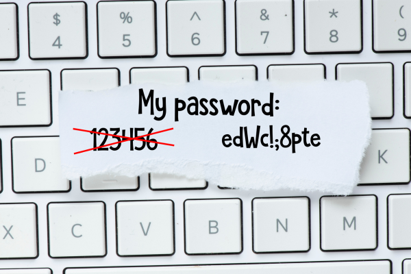 A lock and ripped piece of paper with "My Password 123456" crossed out and "edWc!;8pte" written in black are laying on top of a white keyboard