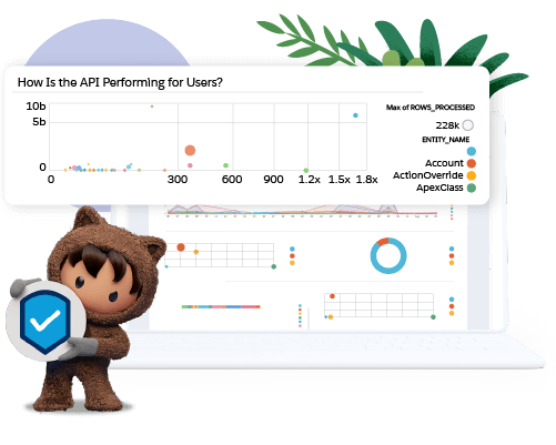 Astro holding the Salesforce Shield logo in front of a laptop with colorful graphs