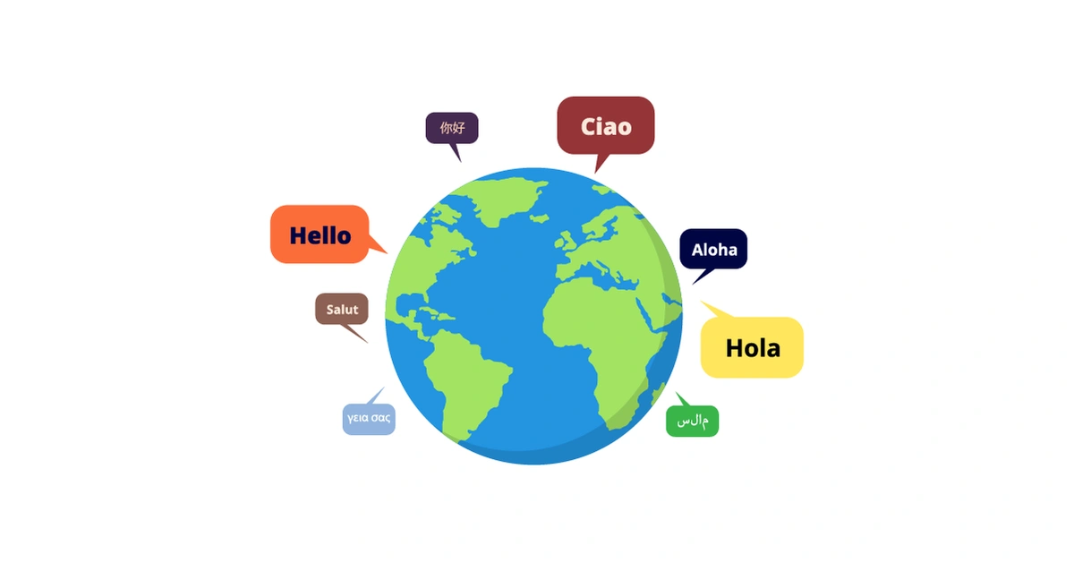 A globe surrounded by multiple languages signaling multi-lingual support.