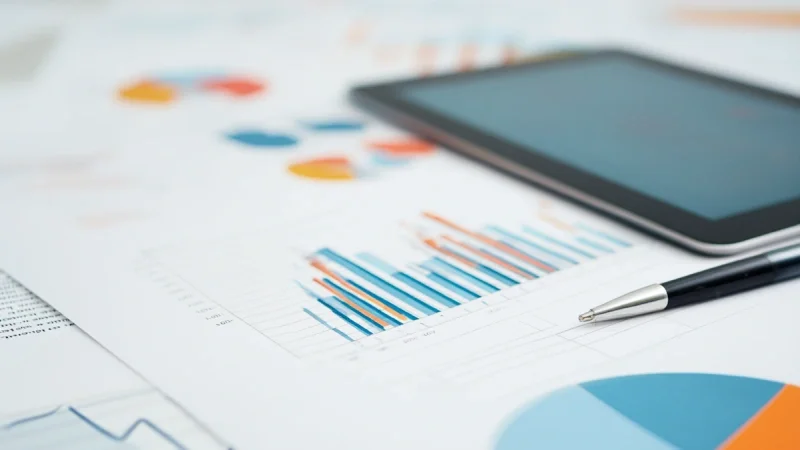 Event analytics reports and charts displayed alongside tablet and pen