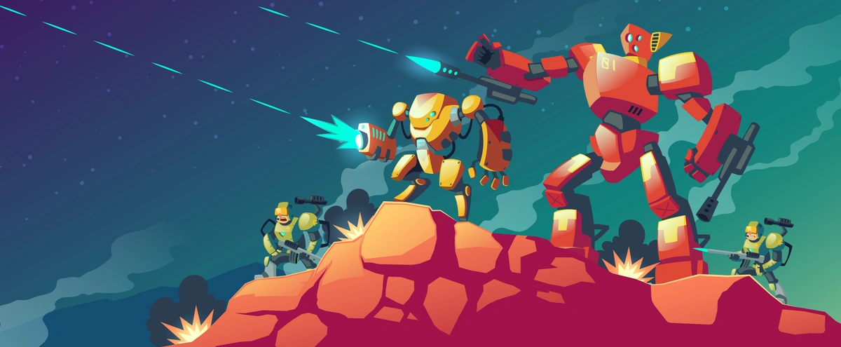 Vibrant illustration of futuristic battle robots in combat on an alien landscape, with dynamic poses and energy weapons, under a starry sky, depicting a science fiction scene of robotic warfare.