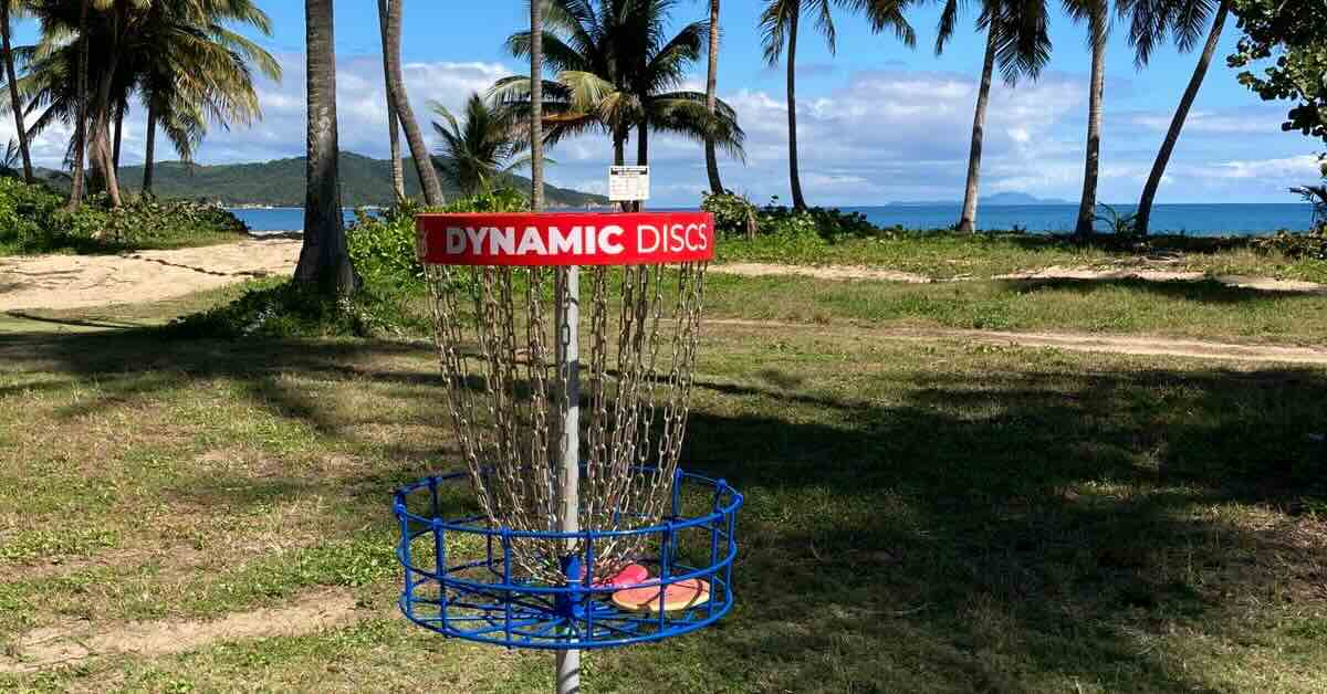 A red and blue disc golf basket under palms with the sea in the background