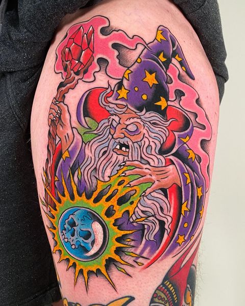 old school wizard tattoo by ryan gagne