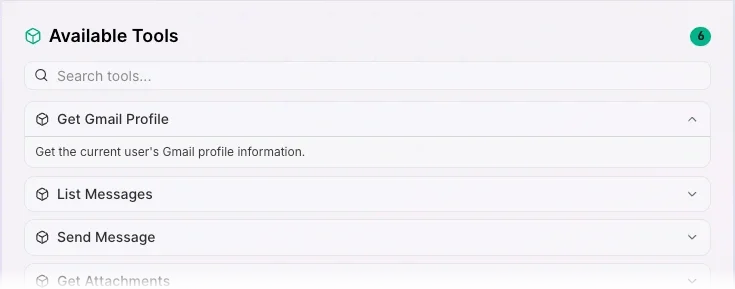 A list of the tools available in an MCP server shows a search bar and one tool expanded to show its description.
