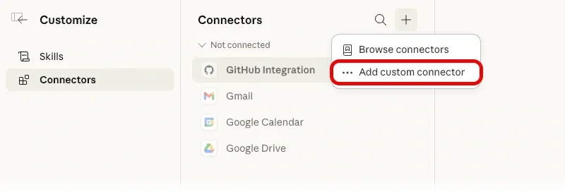The Claude customize Connectors page with add custom connector highlighted.