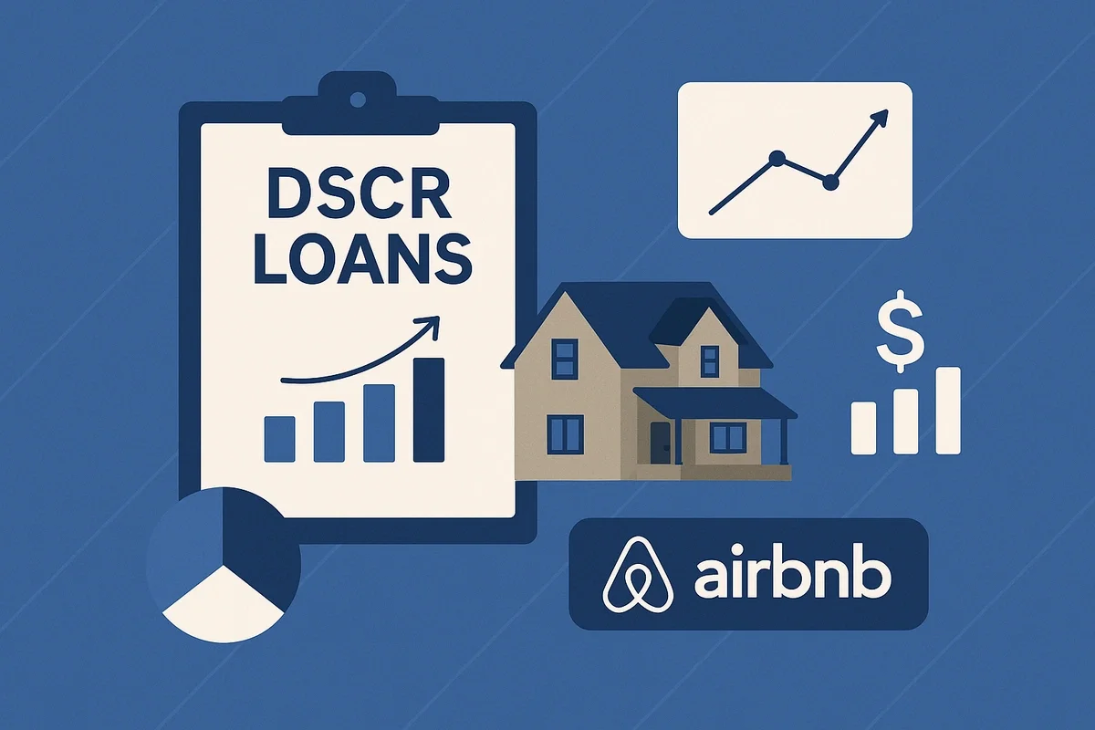 A flat-style illustration showing a house surrounded by financial icons, including charts, a dollar symbol, and rental analytics, representing DSCR loans for short-term rental properties.