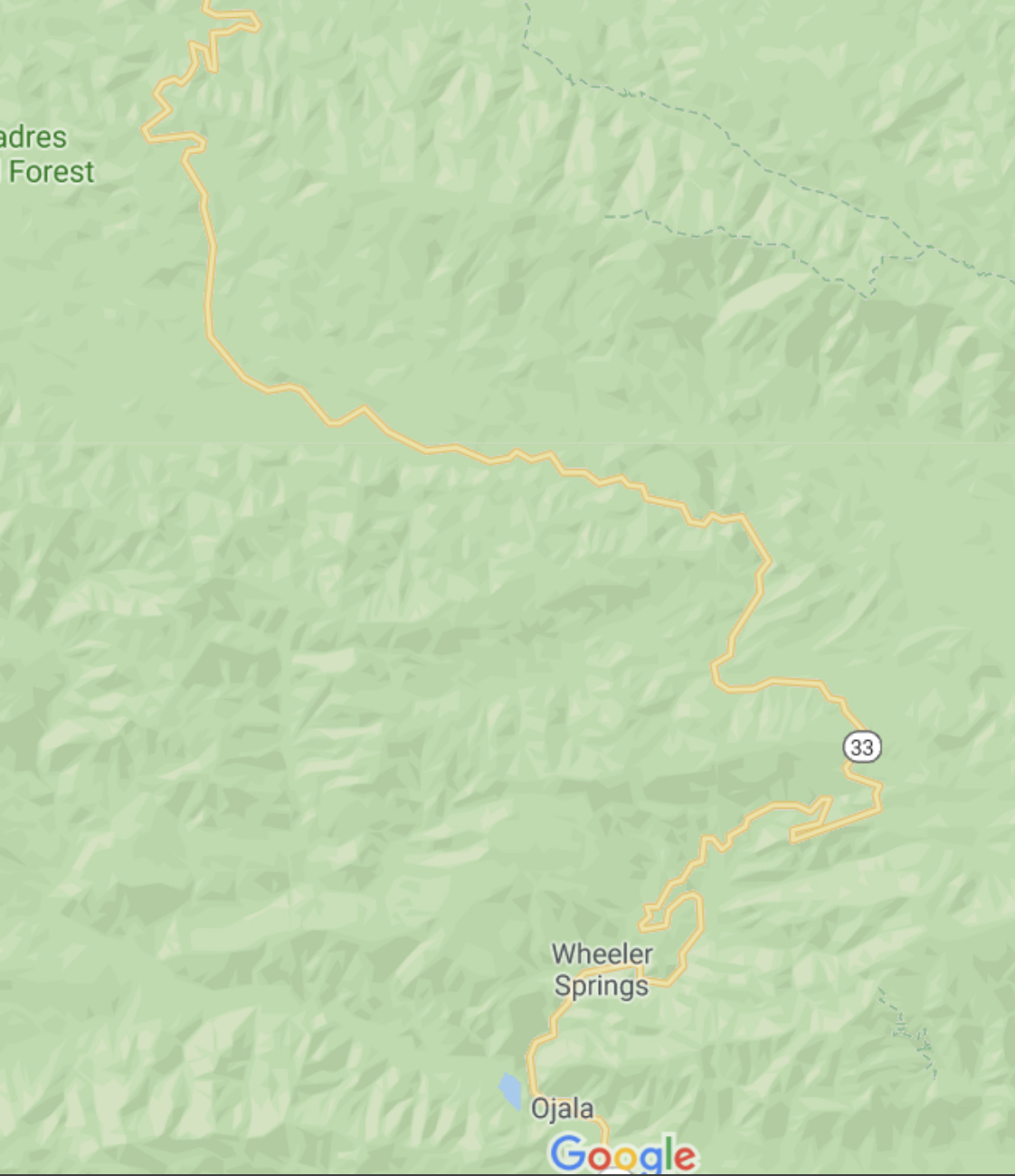A close-up of Route 33 through Los Padres.