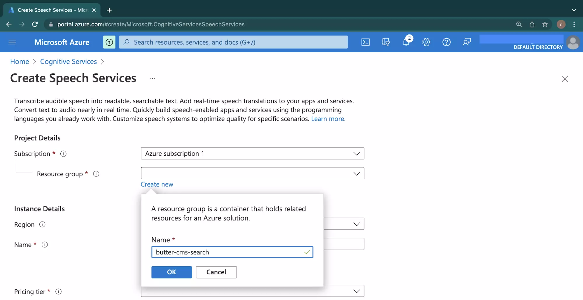 Screenshot of Microsoft Azure create speech services resource group