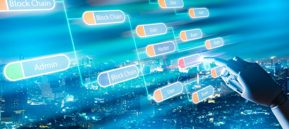 Futuristic representation of a robotic hand interacting with a blockchain network interface overlaying a cityscape at night.