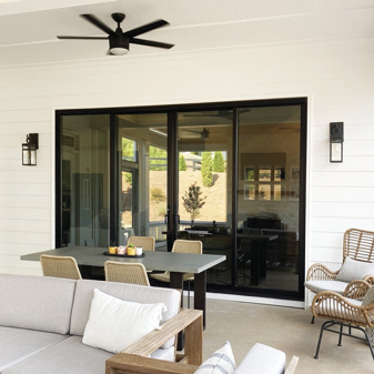 Exterior patio furniture with Infinity fiberglass sliding patio door