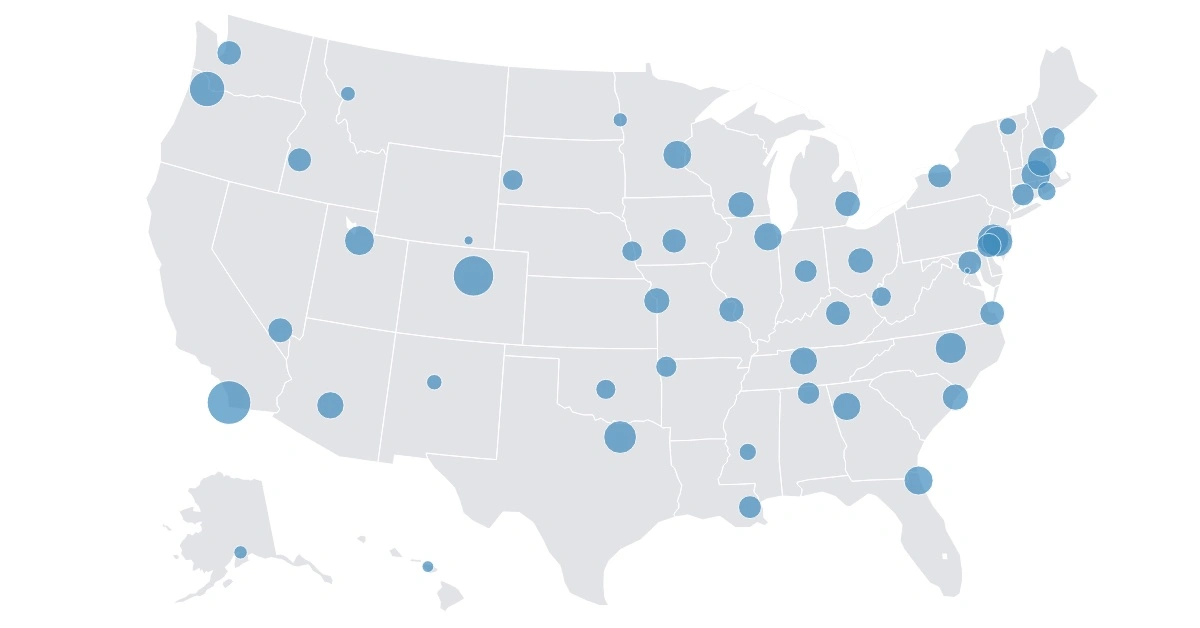 A map of the U.S. in gray with blue dots indicating the most popular course in each state's location from 2023