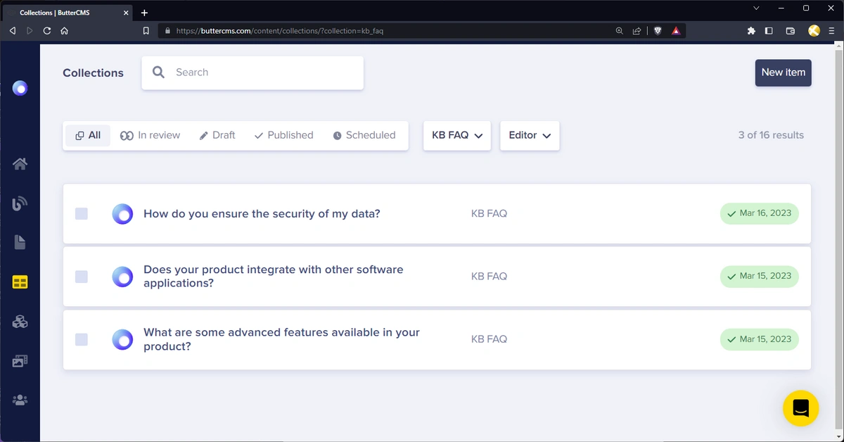 KB FAQ collection items in ButterCMS 