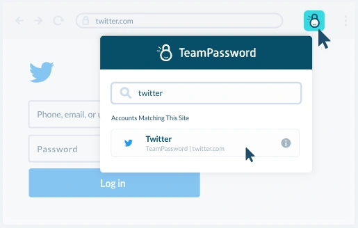 The TeamPassword extension in action on Twitter. Click once from your extension bar to bring it up and autofill your passwords.