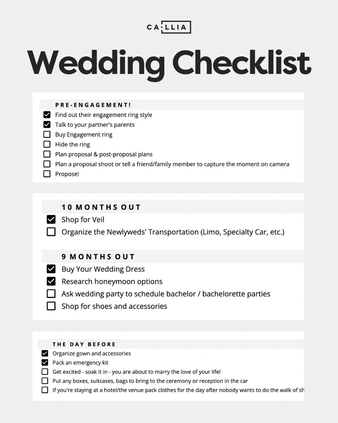 Graphic with a preview of the wedding checklist section of Callia’s wedding planning template
