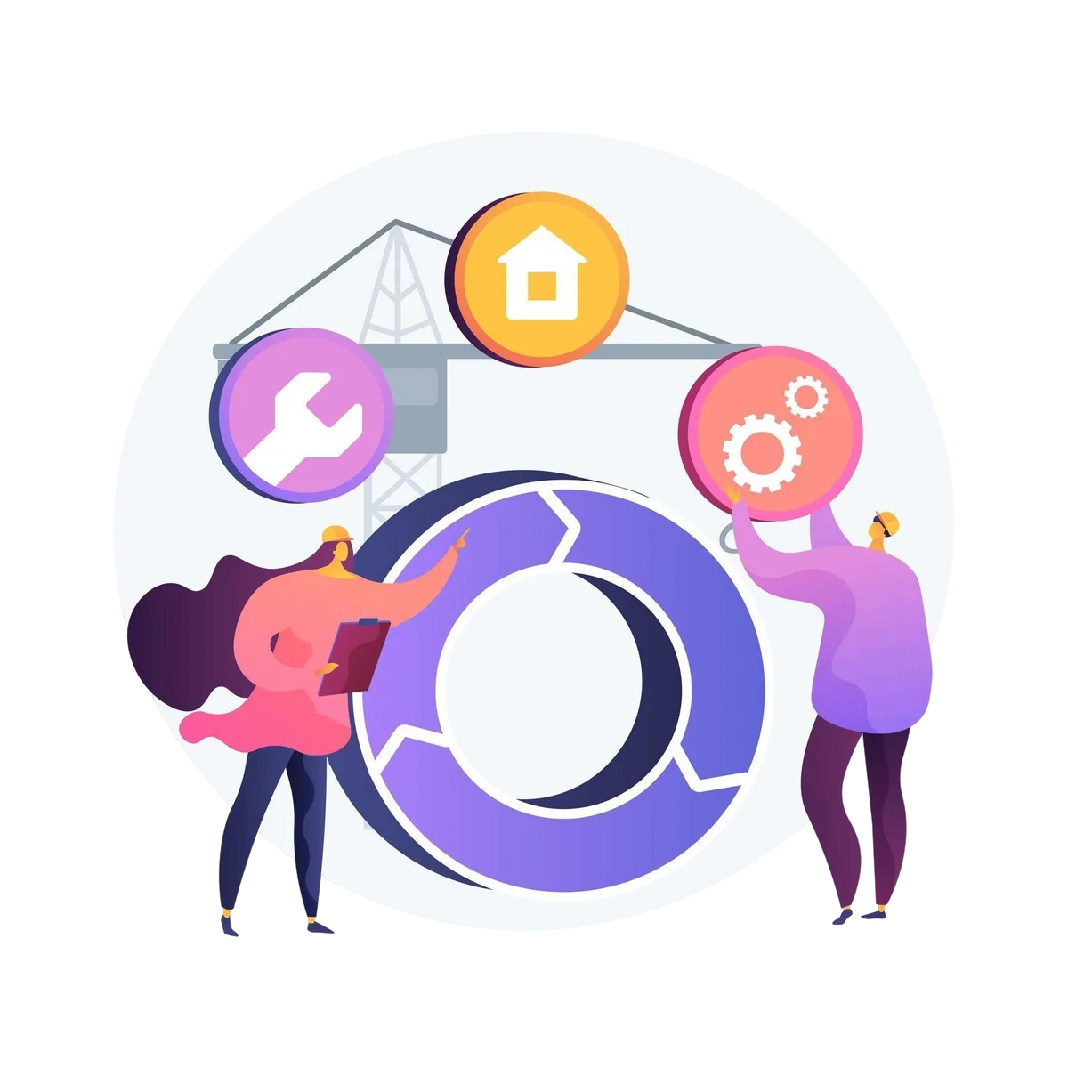 Two engineers assembling software development lifecycle components with gears, tools, and automation icons representing DevOps collaboration.