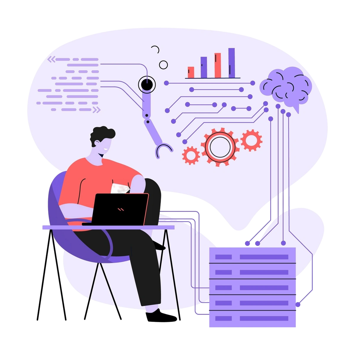 Illustration of a person using a laptop with AI elements.