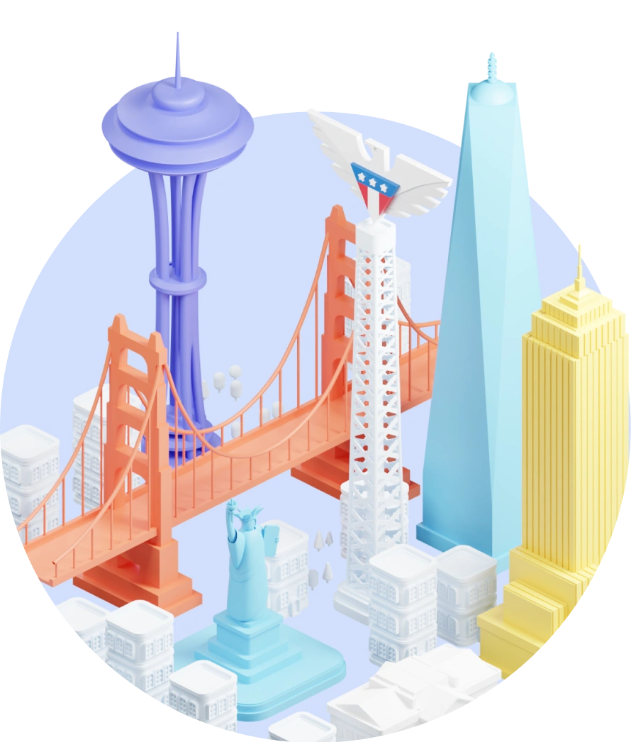 3D Illustration of iconic landmarks from cities in the United States, featuring the Space Needle, the Golden Gate Bridge, the Statue of Liberty, a generic skyscraper, and a building adorned with the US Mobile logo
