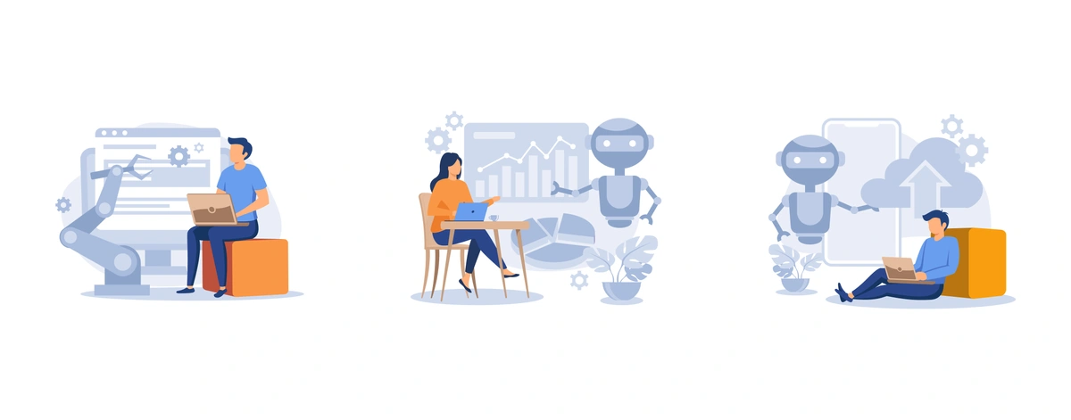 Series of illustrations depicting people working with technology, including robotics and data analysis.